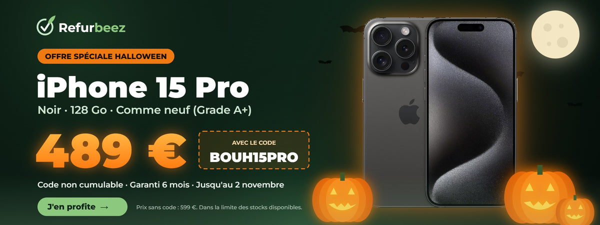 Offre spéciale Halloween : iPhone 15 Pro Noir 128 Go Comme neuf à 489 € avec le code BOUH15PRO